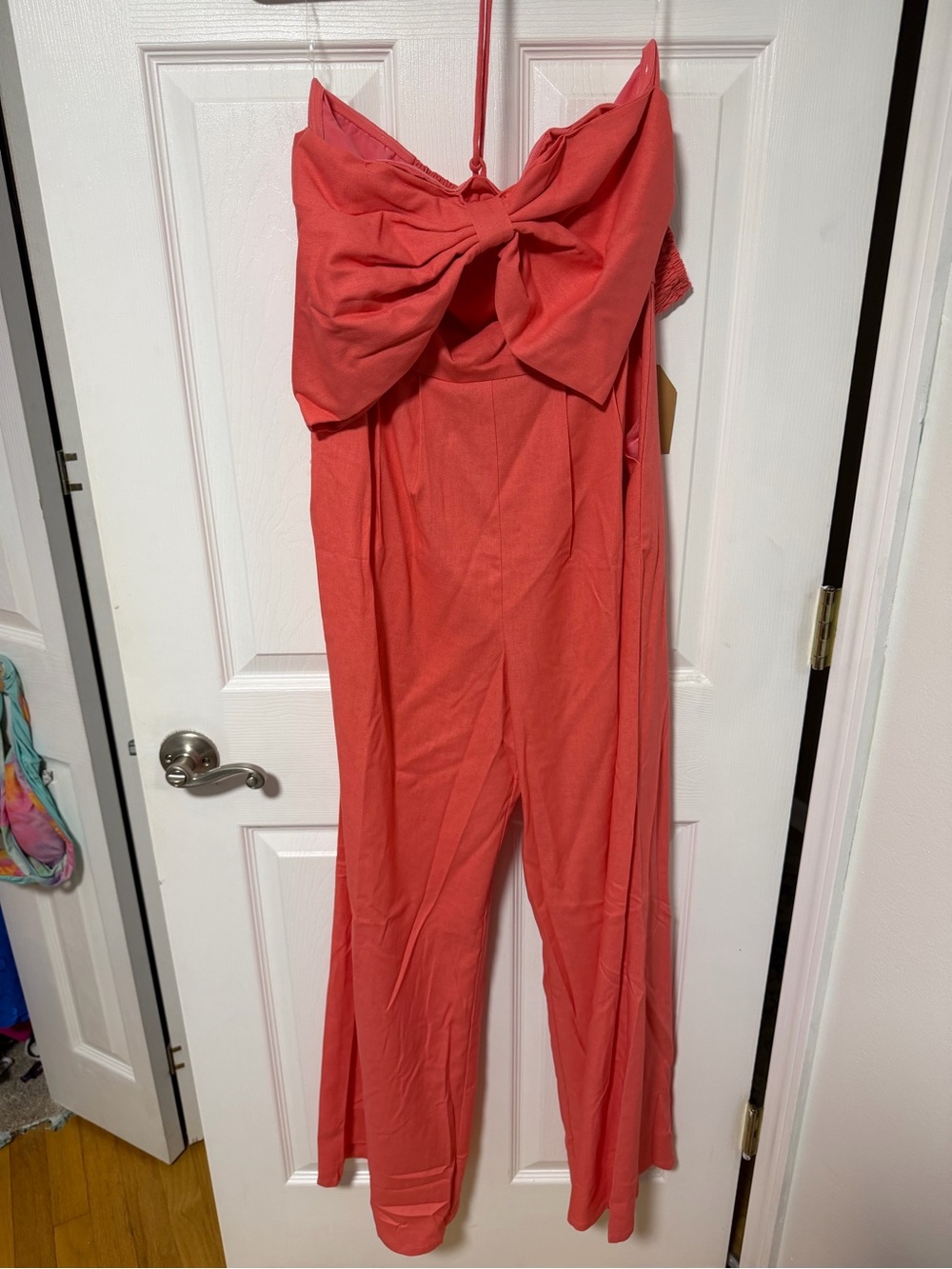 Main Strip Strapless Bow-Front Wide-Leg Jumpsuit — Coral